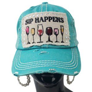 Sip Happens Green Distressed Cap with Swarovski Crystals & Studs. Only 1 Left